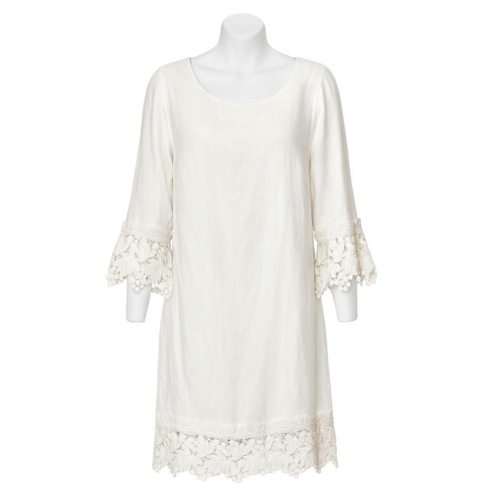 Haris Cotton Eva Capsule Linen Dress Size L White Lace Trim‎ Bell Sleeve Greece